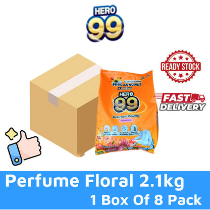 [READY STOCK] HERO 99 Detergent Powder 2.1KG | Powerful Stain Removal | Fresh Scent Laundry Detergent 1 Box 8 Pack