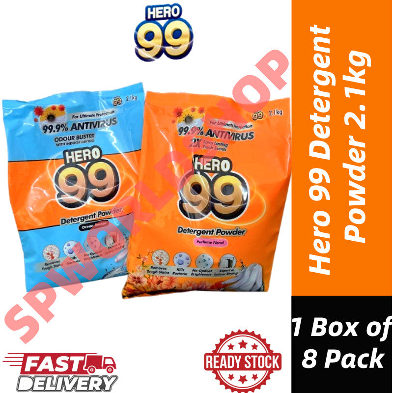 [READY STOCK] HERO 99 Detergent Powder 2.1KG | Powerful Stain Removal | Fresh Scent Laundry Detergent 1 Box 8 Pack