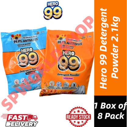 [READY STOCK] HERO 99 Detergent Powder 2.1KG | Powerful Stain Removal | Fresh Scent Laundry Detergent 1 Box 8 Pack