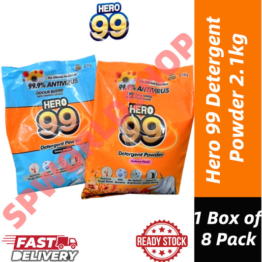 [READY STOCK] HERO 99 Detergent Powder 2.1KG | Powerful Stain Removal | Fresh Scent Laundry Detergent 1 Box 8 Pack