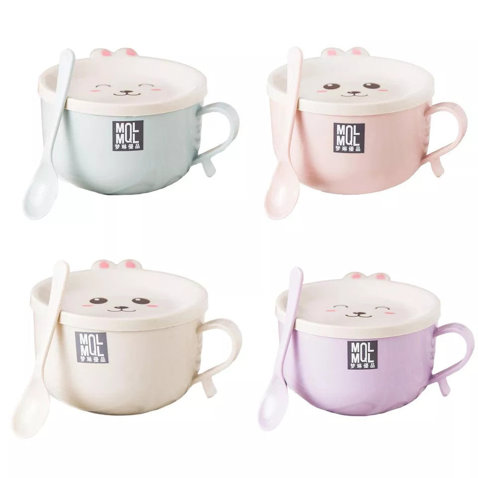 READY STOCK!!! Stainless Steel Instant Noodles Bowl | Double-Layer Anti-Scalding Bowl with Cute Bunny Lid  Spoon  不锈钢泡面碗