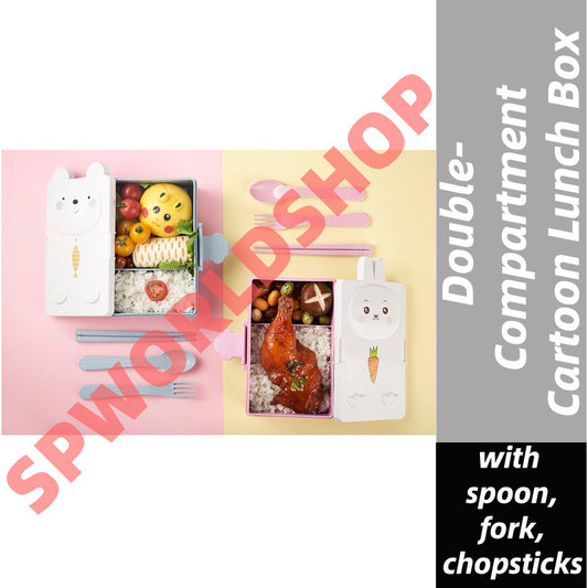 READY STOCK!!! Double Compartment Kids Cartoon Lunch Box | Airtight Leak-Proof Bento Box with Chopstick, Fork & Spoon |