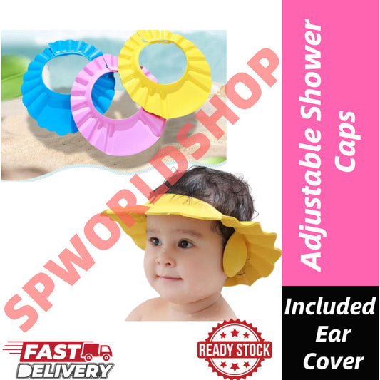 【READY STOCK】Adjustable Baby Shower Cap | Kids Shampoo Hat with Ear Protection Budak Mandi 可调节儿童护耳洗头帽