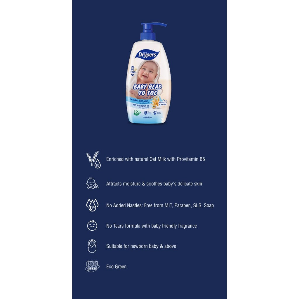 READY STOCK!!! Drypers Baby Head To Toe Wash | Gentle Baby Bath & Shampoo | Hypoallergenic Newborn Body Wash 220ml 婴儿洗护液