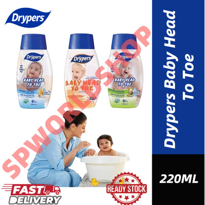 READY STOCK!!! Drypers Baby Head To Toe Wash | Gentle Baby Bath & Shampoo | Hypoallergenic Newborn Body Wash 220ml 婴儿洗护液