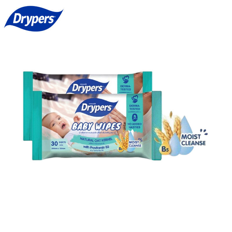DRYPERS 2x30s | 婴儿天然湿巾：2 连包 (共60抽)、无酒精、防过敏 | 新生儿手口通用 Drypers Gentle & Soft Wipes | 2x30s Hypoallergenic Safe Pack