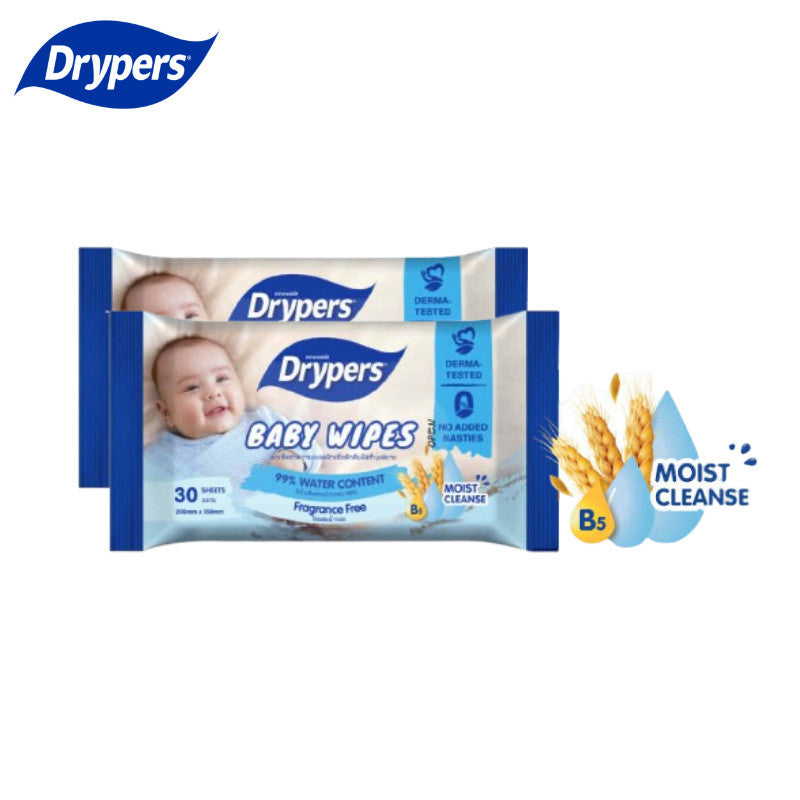 DRYPERS 2x30s | 婴儿天然湿巾：2 连包 (共60抽)、无酒精、防过敏 | 新生儿手口通用 Drypers Gentle & Soft Wipes | 2x30s Hypoallergenic Safe Pack